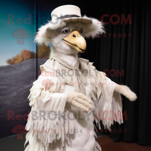 White Emu mascot costume character dressed with a Dress and Hat pins