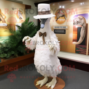 White Emu mascot costume character dressed with a Dress and Hat pins