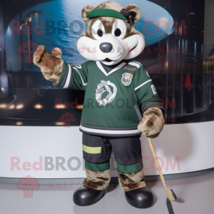 Forest Green Ice Hockey Stick mascot costume character dressed with a Bomber Jacket and Caps