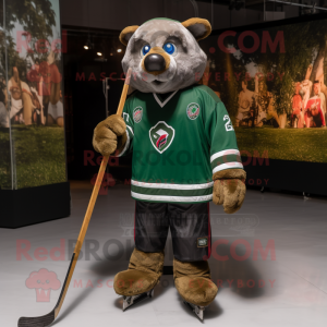 Forest Green Ice Hockey Stick mascot costume character dressed with a Bomber Jacket and Caps