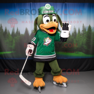 Forest Green Ice Hockey Stick mascot costume character dressed with a Bomber Jacket and Caps