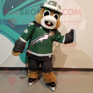 Forest Green Ice Hockey Stick mascot costume character dressed with a Bomber Jacket and Caps