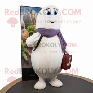 White Eggplant mascot costume character dressed with a Jeans and Scarves