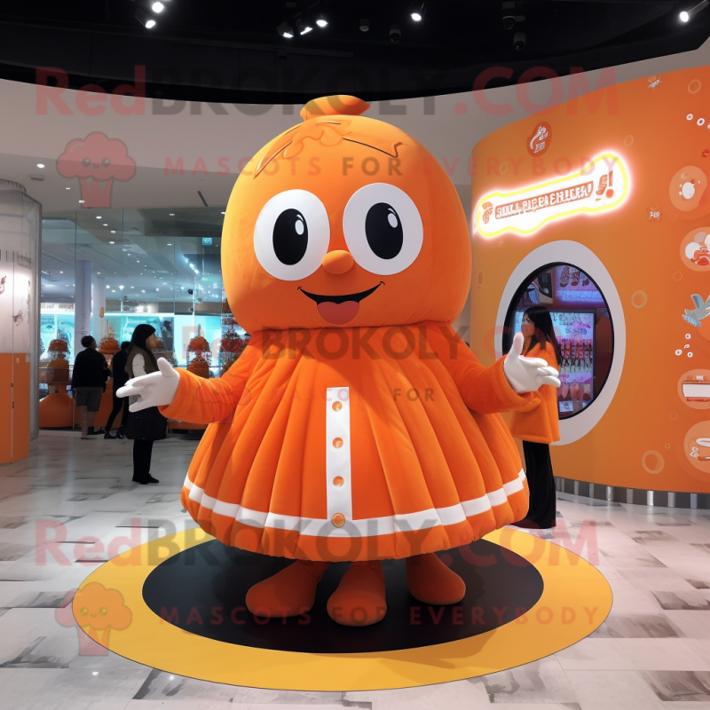 Orange Candy Box mascot costume character dressed with a Circle Skirt and Mittens Orange Candy Box mascot costume character dressed with a Circle Skirt and Mittens