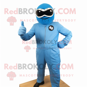 Sky Blue Pepper mascot costume character dressed with a Moto Jacket and Smartwatches