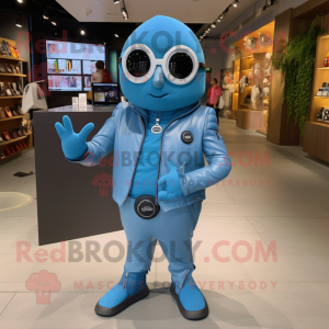 Sky Blue Pepper mascot costume character dressed with a Moto Jacket and Smartwatches