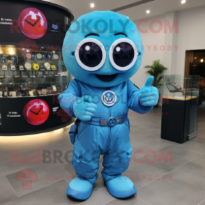Sky Blue Pepper mascot costume character dressed with a Moto Jacket and Smartwatches