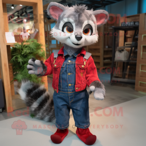Red Civet mascot costume character dressed with a Boyfriend Jeans and Mittens
