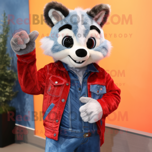 Red Civet mascot costume character dressed with a Boyfriend Jeans and Mittens