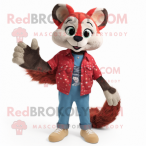 Red Civet mascot costume character dressed with a Boyfriend Jeans and Mittens