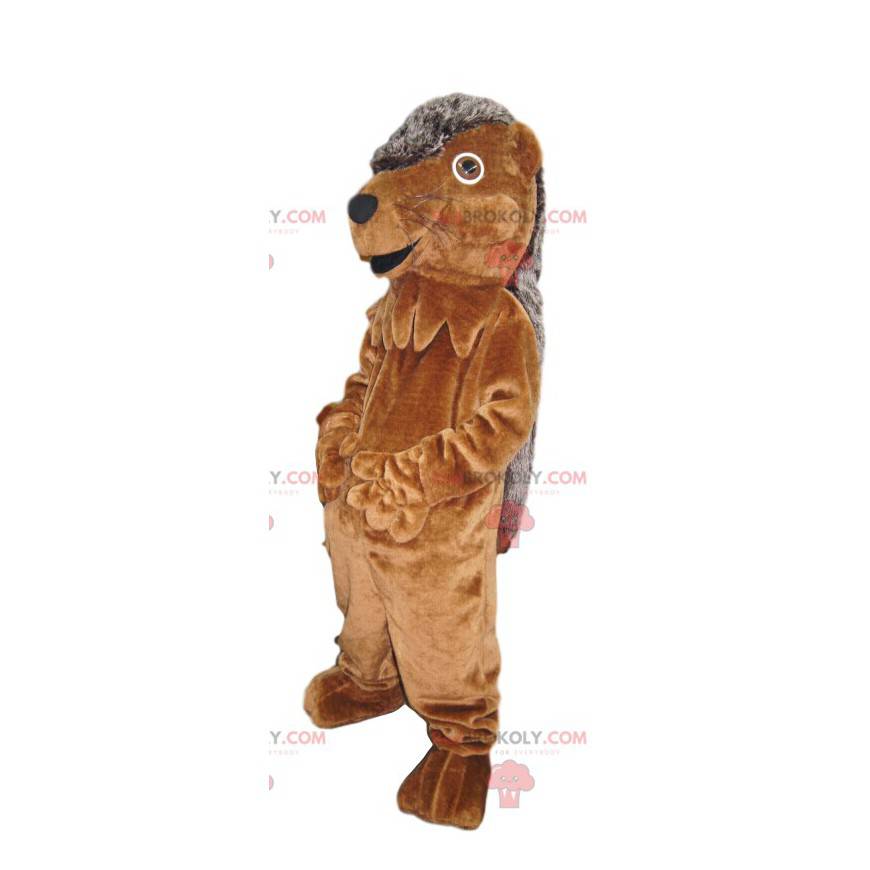 Mascote ouriço cinza e marrom muito sorridente - Redbrokoly.com