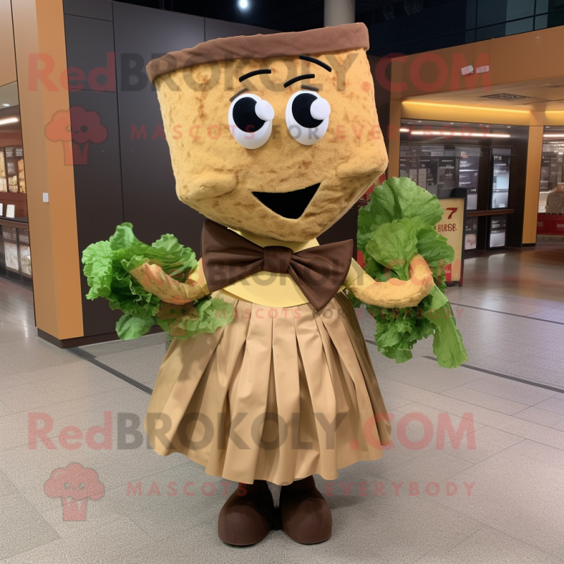 Brown Caesar Salad mascot costume character dressed with a Shift Dress and Bow ties