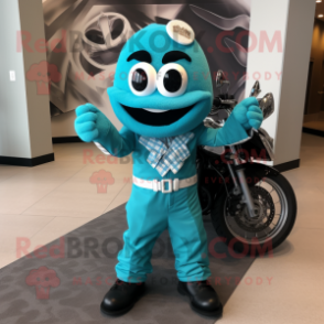 Turquoise Wedding Cake mascot costume character dressed with a Moto Jacket and Scarf clips