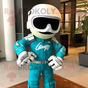 Turquoise Wedding Cake mascot costume character dressed with a Moto Jacket and Scarf clips