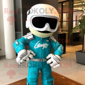 Turquoise Wedding Cake mascot costume character dressed with a Moto Jacket and Scarf clips