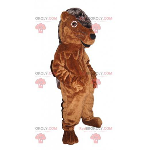 Mascotte riccio grigio e marrone molto sorridente -