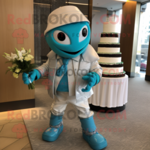 Turquoise Wedding Cake mascot costume character dressed with a Moto Jacket and Scarf clips