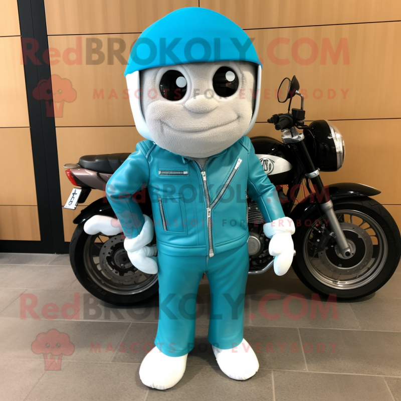 Turquoise Wedding Cake mascot costume character dressed with a Moto Jacket and Scarf clips