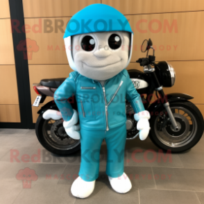 Turquoise Wedding Cake mascot costume character dressed with a Moto Jacket and Scarf clips