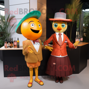 Rust Mandarin mascot costume character dressed with a Cocktail Dress and Pocket squares