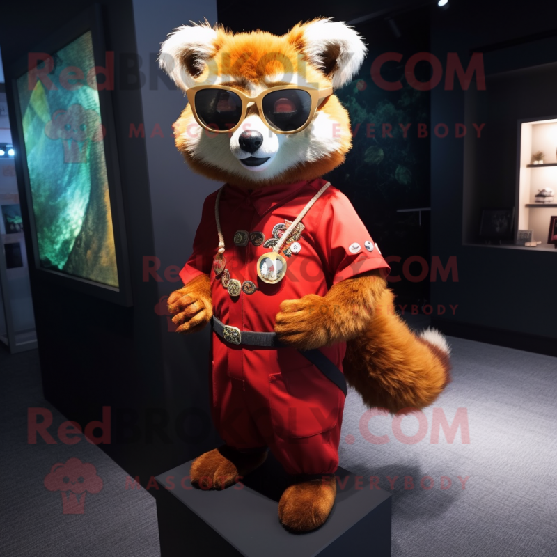 Gold Red Panda mascot costume character dressed with a A-Line Dress and Eyeglasses