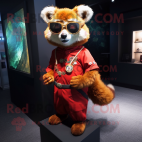 Gold Red Panda mascot costume character dressed with a A-Line Dress and Eyeglasses