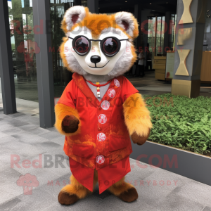 Gold Red Panda mascot costume character dressed with a A-Line Dress and Eyeglasses