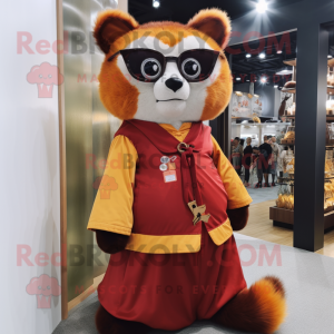 Gold Red Panda mascot costume character dressed with a A-Line Dress and Eyeglasses