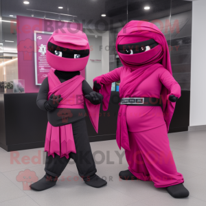 Magenta Ninja mascot costume character dressed with a Evening Gown and Ties