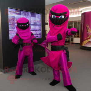 Magenta Ninja mascot costume character dressed with a Evening Gown and Ties