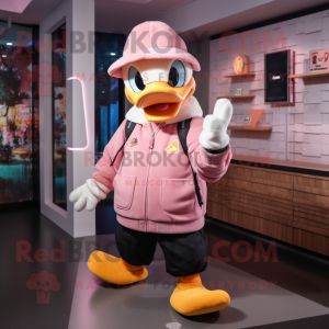 Pink Duck mascot costume character dressed with a Sweatshirt and Hats