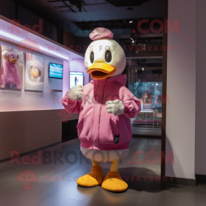 Pink Duck mascot costume character dressed with a Sweatshirt and Hats