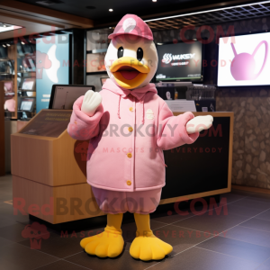 Pink Duck mascot costume character dressed with a Sweatshirt and Hats