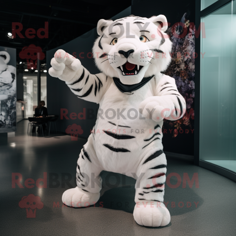 White Tiger mascot costume character dressed with a Midi Dress and Belts White Tiger mascot costume character dressed with a Midi Dress and Belts