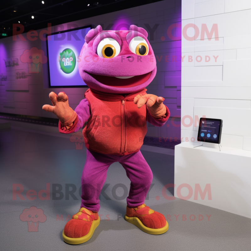 Magenta Frog mascot costume character dressed with a Corduroy Pants and Smartwatches