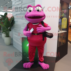 Magenta Frog mascot costume character dressed with a Corduroy Pants and Smartwatches