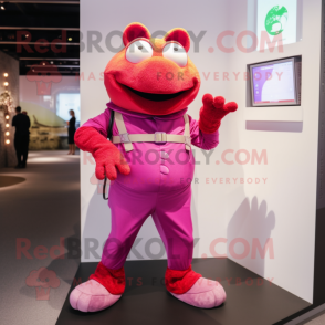 Magenta Frog mascot costume character dressed with a Corduroy Pants and Smartwatches