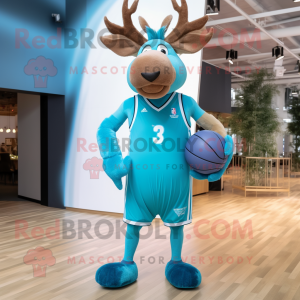 Cyan Elk mascot costume character dressed with a Shorts and Rings