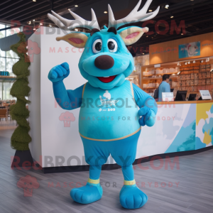 Cyan Elk mascot costume character dressed with a Shorts and Rings