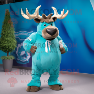 Cyan Elk mascot costume character dressed with a Shorts and Rings