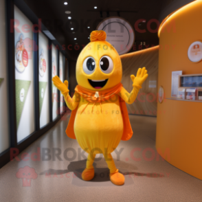 Yellow Orange mascot costume character dressed with a V-Neck Tee and Shawl pins