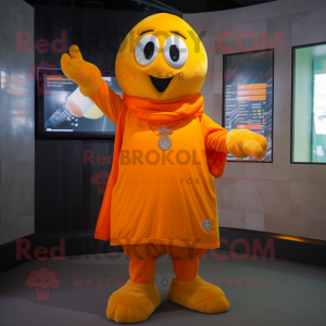 Yellow Orange mascot costume character dressed with a V-Neck Tee and Shawl pins