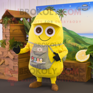 Lemon Yellow Squash mascot costume character dressed with a Cargo Shorts and Keychains
