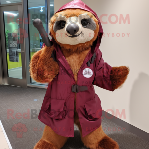 Maroon Sloth mascot costume character dressed with a Raincoat and Messenger bags