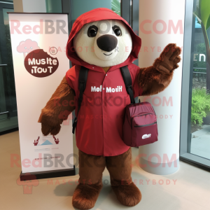 Maroon Sloth mascot costume character dressed with a Raincoat and Messenger bags