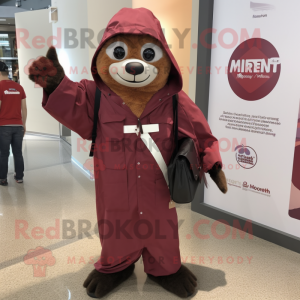 Maroon Sloth mascot costume character dressed with a Raincoat and Messenger bags