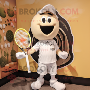 Cream Tennis Racket mascot costume character dressed with a T-Shirt and Headbands