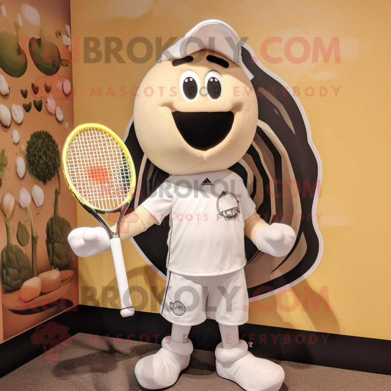 Cream Tennis Racket mascot costume character dressed with a T-Shirt and Headbands Cream Tennis Racket mascot costume character dressed with a T-Shirt and Headbands