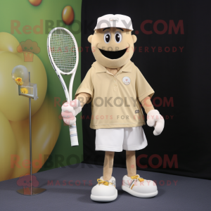 Cream Tennis Racket mascot costume character dressed with a T-Shirt and Headbands