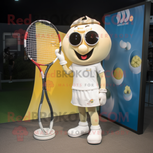 Cream Tennis Racket mascot costume character dressed with a T-Shirt and Headbands